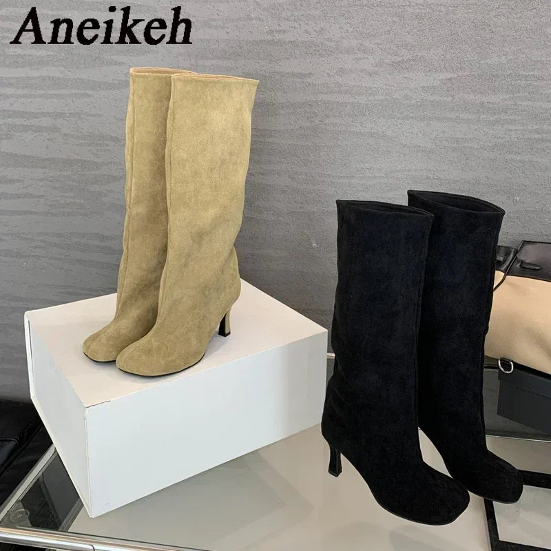 Aneikeh Large Size 41  42 Winter Street Style Round Toe Knee-High Women Boots Punk Thin High Heels Shoes Female Long Booties