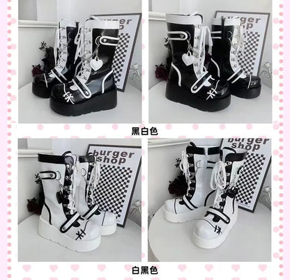 New Gothic Platform Shoes Women's Boots Vampire Role Play Womens Mid-calf Boots Lace Up Wedges Punk Style Botines Para Mujeres