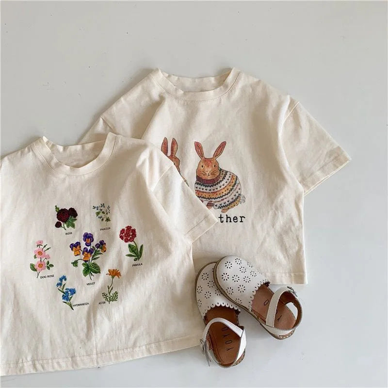 Summer Toddler Baby Girl Solid Cotton Clothes Short Sleeve Cartoon Rabbit Printed T-shirts Kids Leisure Ins Tops Tees