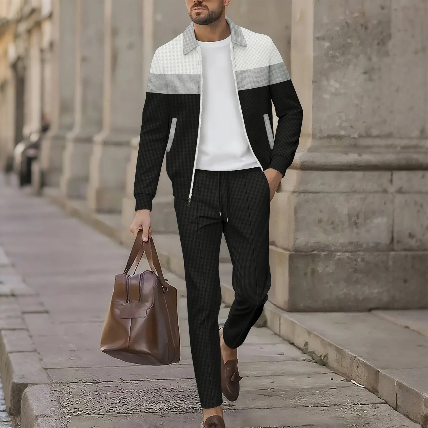 Spring/Autumn Men's Casual Sport Jacket Set - High-Quality Multi-Color Zippered Pockets, Collarless, Slim-Fitting Cardigan