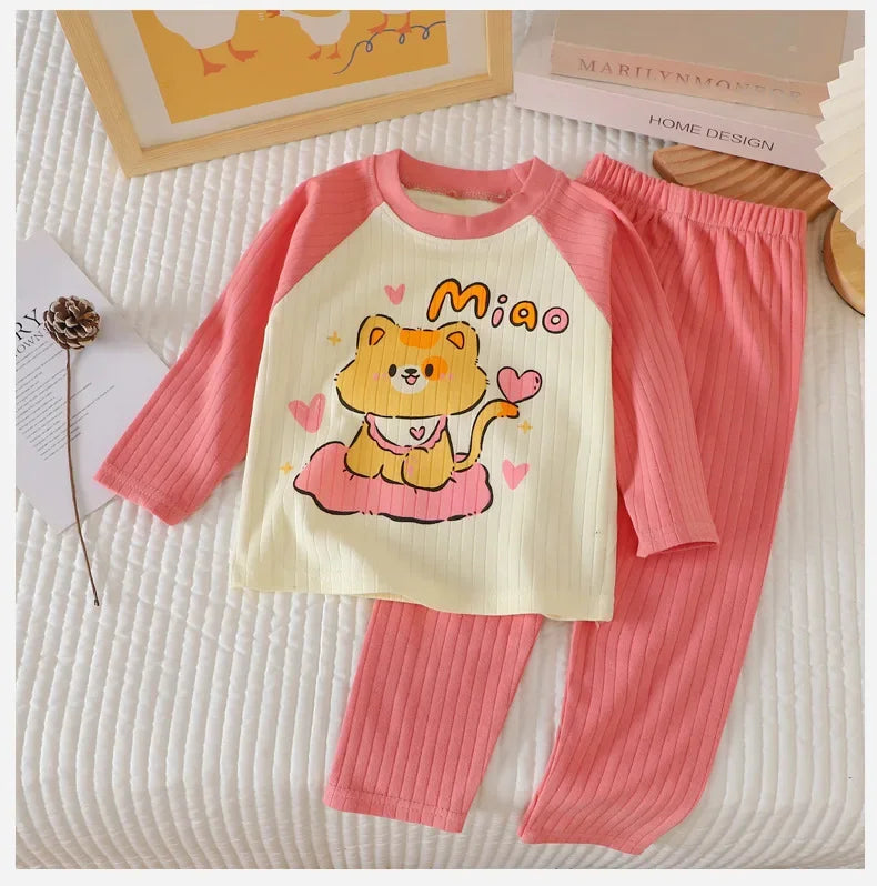 New Baby Boys Girls Warm Pajamas Kids Cute Cartoon Animal O-neck T-Shirt Tops + Pants Pyjamas Autumn Underwear Clothing Sets