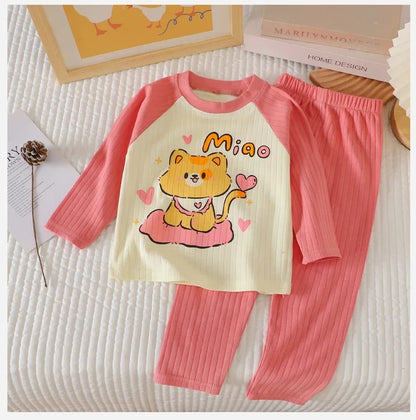 New Baby Boys Girls Warm Pajamas Kids Cute Cartoon Animal O-neck T-Shirt Tops + Pants Pyjamas Autumn Underwear Clothing Sets