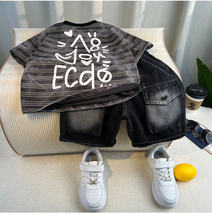 Hot Sale Fashion Baby Boy Suit Summer Clothes Short Sleeve T-shirt Short Jeans 2 Piece Set Kids Outfit 2-11Y Children's Costume