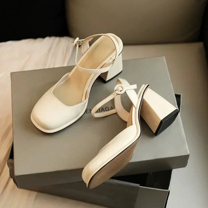 2025 Shoes Female Slingbacks  High Heels Fashion Dress Pumps  Shallow High Chunky  Buckle Strap Women's Sandals