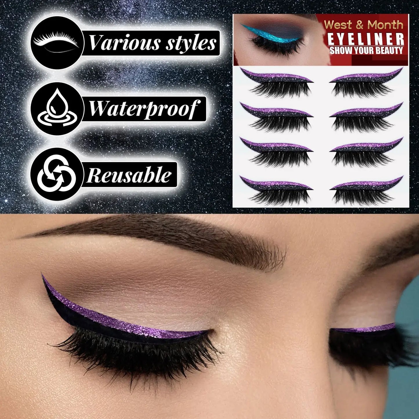 2in1 Eyeshadow Eyeliner Stickers False Eyelashes Waterproof Eyelash Liner Patches Instant Cat Eye Natural Look Party Eye Makeup