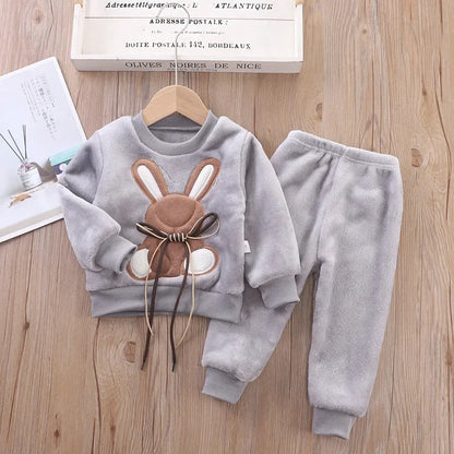 Baby Girl Clothes Autumn Winter Velvet 2Pcs Sets For Children Keep Warm Loungewear Toddler Cartoon Rabbit Sleepwear Boy Suit