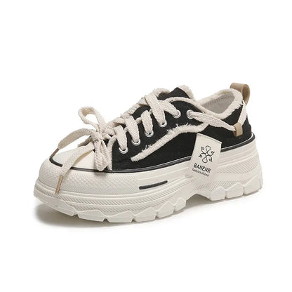 2025 Autumn New Women's Canvas Shoes Round Head Thick Soles Fringed Denim Casual Shoes Increased Height Sports