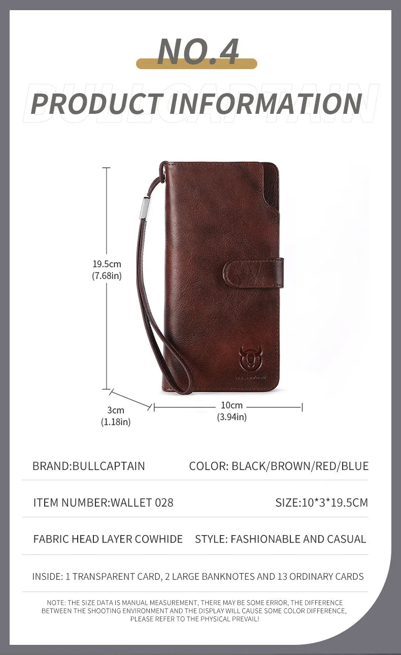 BULLCAPTAIN Men Long Wallet Clutch Bag Credit Card Holder Purses Carteras Billetera Hombre Leather Money Portfe Carte