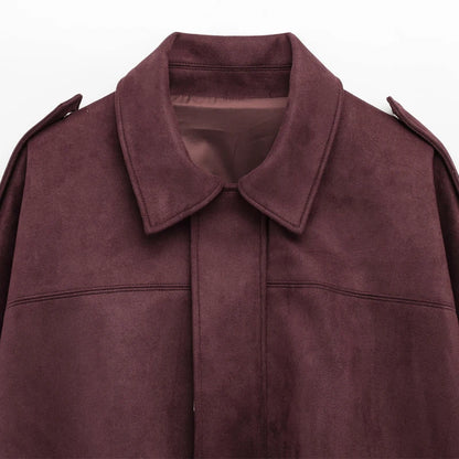 HXAO Women's Bomber Jacket Lapel Long Sleeve Zipper Suede Jacket Women 2025 High Street Cropped Racing Jackets Coats Outerwears