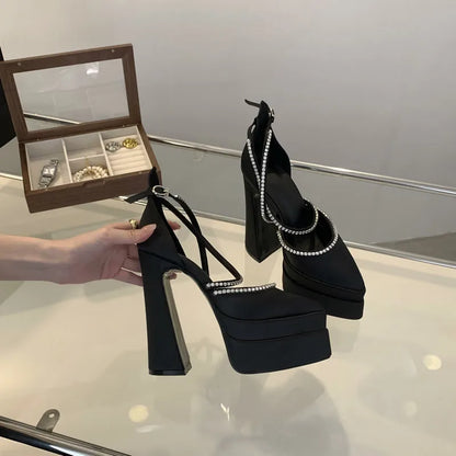 15cm Spring and Summer 2025 New Fashion Platform Thick Heels Hate Sky High Pointed Satin High Heels Show Women's Single Shoes