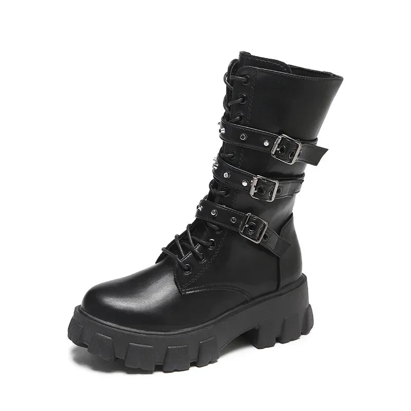 WOMEN BOOTS Goth Boots Woman Winter 2025 Platform Shoes Sneakers Studded Belt Buckle Punk  Chunky Heels Mid Calf Boots