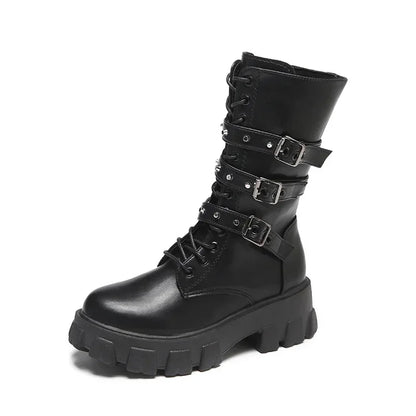 WOMEN BOOTS Goth Boots Woman Winter 2025 Platform Shoes Sneakers Studded Belt Buckle Punk  Chunky Heels Mid Calf Boots
