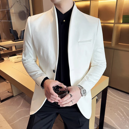 New Blazer Cowhide Velvet Korean Version Business Slim Fit Suit Stand Collar Fashionable Casual Suit Jacket Men Formal Clothing