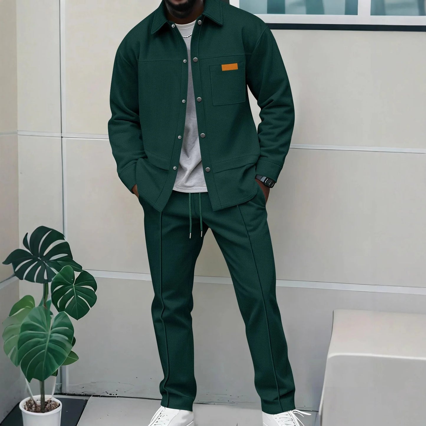 Spring and autumn men's high-quality waffle pure color placket pocket jacket set - a stylish and casual two-piece outfit