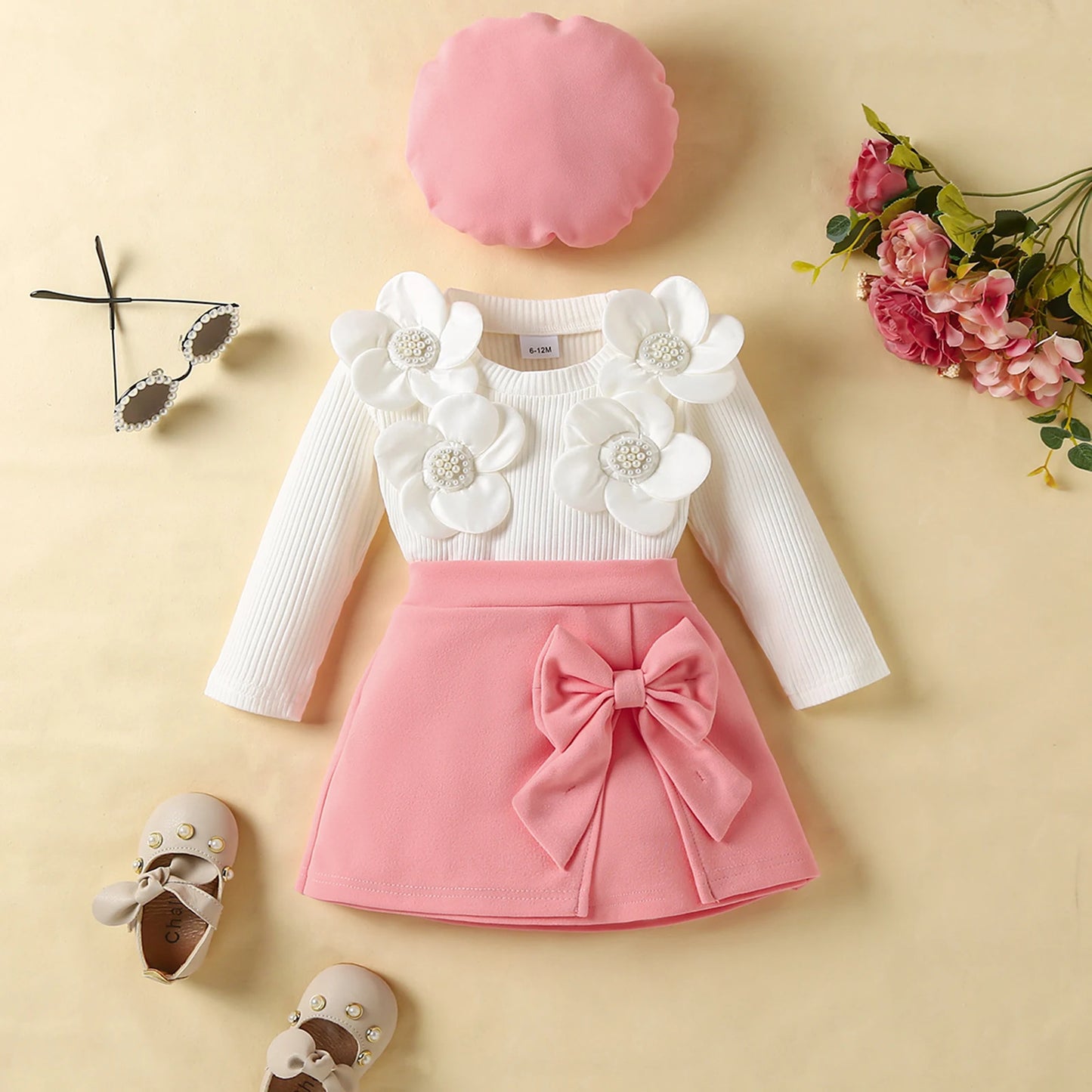 FOCUSNORM 0-4Y Fashion Little Kids Girls Autumn Clothes Sets Outfits Long Sleeve 3D Flower Decor Ribbed Tops A-line Skirt Beret