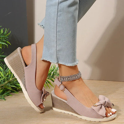 Fashion Bow Knot Thick Bottom Sandals Women Back Strap Wedge Open Toe Sandal Female New Office Ladies Anti-Slip Sandalias Mujer