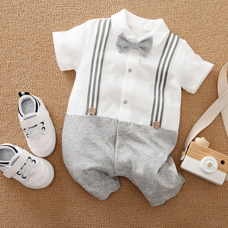 Newborn baby summer gentleman's short-sleeved cotton soft and comfortable one-piece suit Newborn baby summer gentleman's short-s