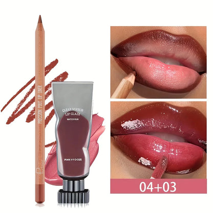 2pcs set of moisturizing and moisturizing lip gloss and durable waterproof lipliner set - high color lipstick, glossy texture