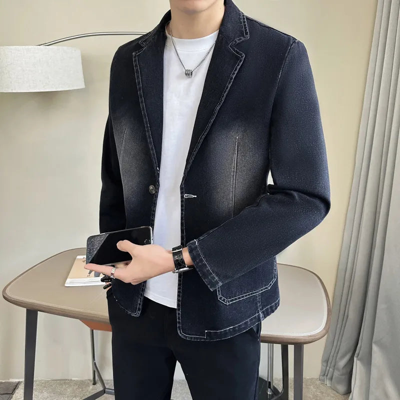 Autumn Winter Cotton Denim Suit Coats Men Loose Turn Down Collar Casual Denim Blazers Jacket Solid High Quality Suit Outwear Man