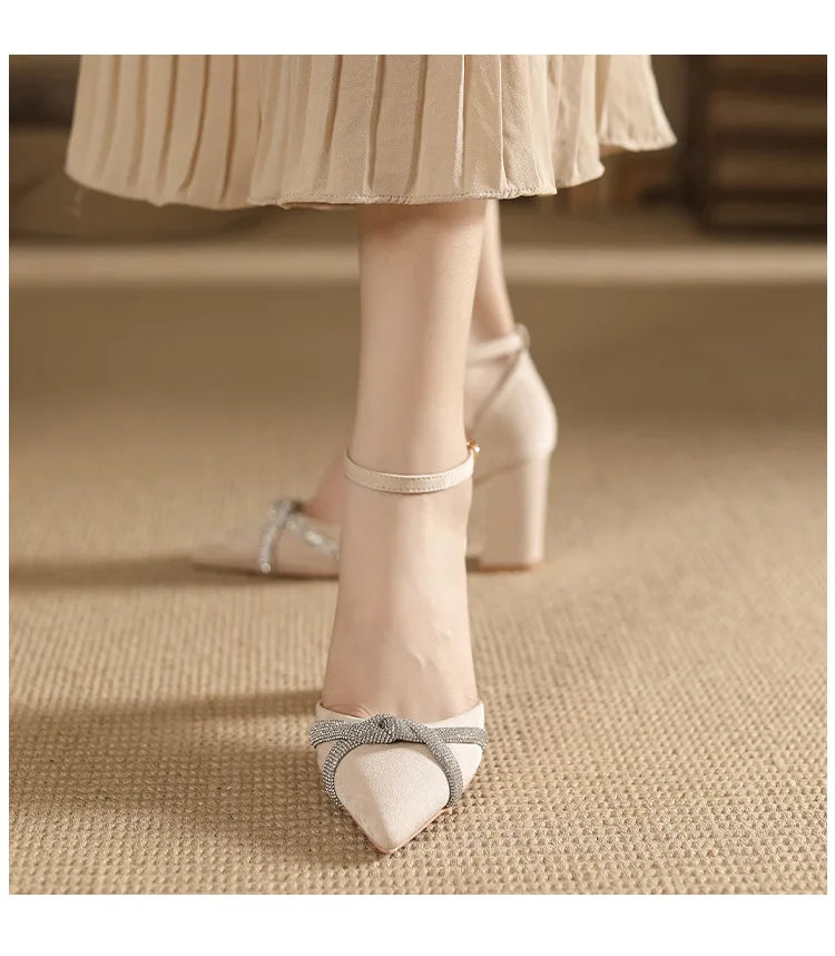 Size 30-44 Chunky Heel Hollow Point Toe High Heels Women Shoes Solid Color Ankle Strap Rhinestone Black Heels