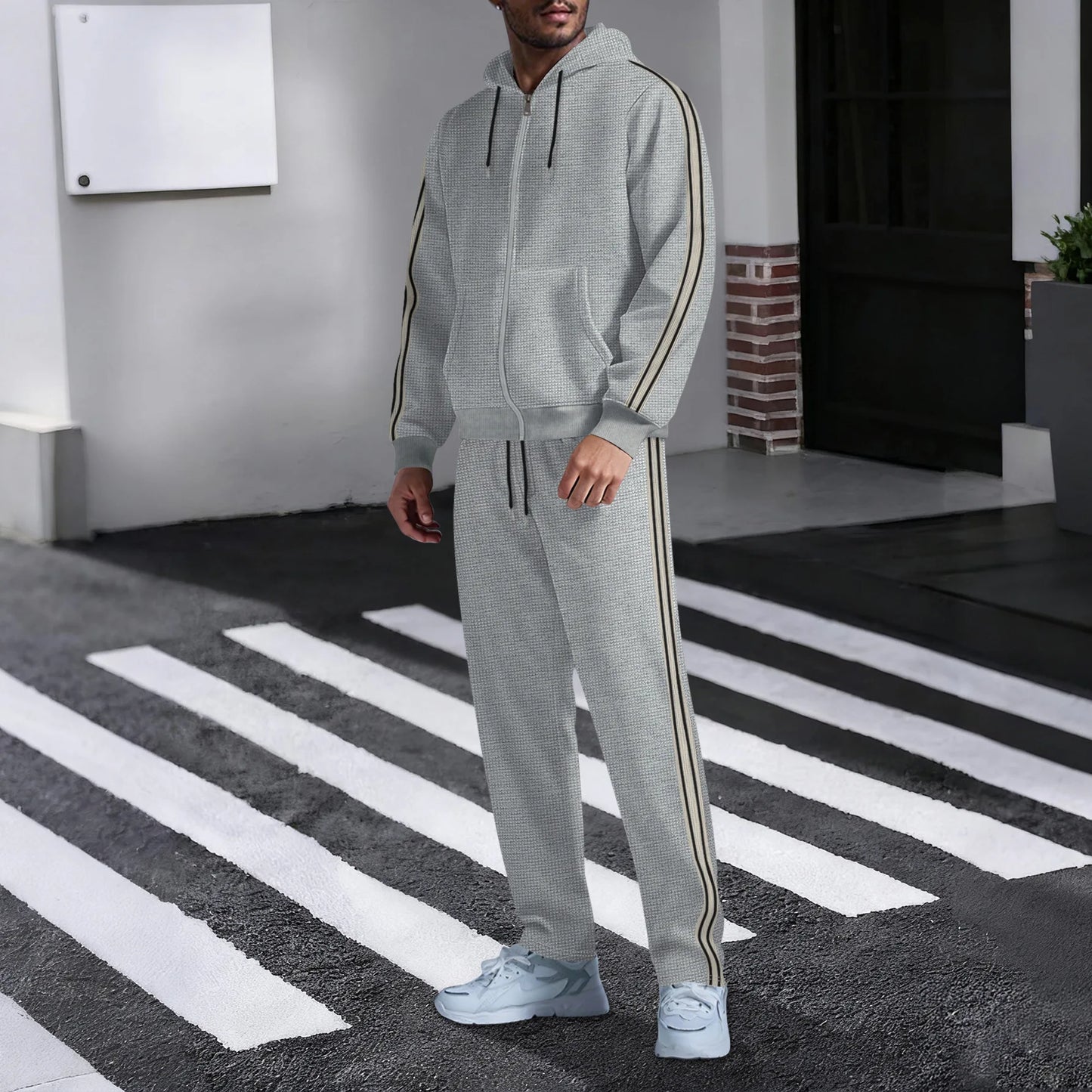 New men's outdoor sports casual hooded cardigan set - autumn fashion trend - pocket lace long-sleeved long pants two-piece set