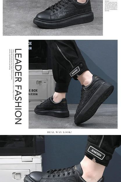 2026 Men's Casual Shoes Spring and Autumn Flat-soled Casual Leather Shoes Sports Shoes Black and White Men's Thick-soled Shoes