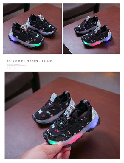 Kid Shoes Children's LED Shining Shoes 2023 Spring New Boys Sports Shoes Girls Elastic Fabric Sequins Casual Shoes Zapatillas