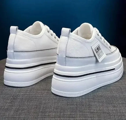 Vulcanized Platform Sneakers Wedge Shoes Non-slip Casual Shoes Women 2025 Autumn Lace-up Comfort Denim Canvas Shoes Thick Sole