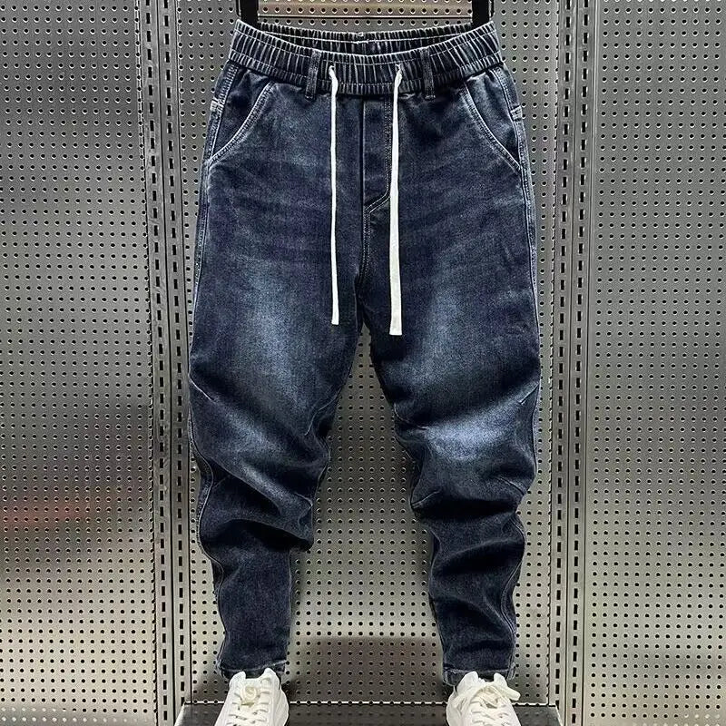 High Quality New 2024 Luxury Designer Casual Loose Drawstring Denim Jeans Men Full Length Wide Leg Streetwear Cowboy Harem Pants