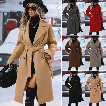 Women Turn Down Collar Thick Midi Length Wool Coat Pockets Casual Full Sleeve Double Breasted Blends Coats 2025 Autumn Winter