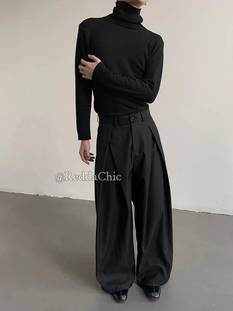 REDDACHiC Men's Pleated Front Wide Leg Pants Cleanfit Black Solid Low Waist Dressy Trousers Unisex Office Work Casual Clothes