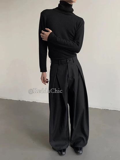 REDDACHiC Men's Pleated Front Wide Leg Pants Cleanfit Black Solid Low Waist Dressy Trousers Unisex Office Work Casual Clothes