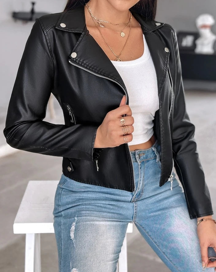 Women's Trendy Black Short Leather Coats Autumn 2024 New American Retro Pu Leather Motorcycle Jacket Zipper Short Leather Coats