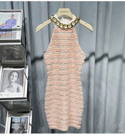 HIGH STREET Newest 2026 Designer Fashion Halter Neck Metal Chain Sleeveless Knit Striped Dress