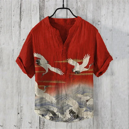 Men's linen short sleeved shirt, summer Chinese retro casual shirt