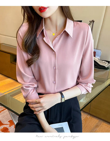 Fashion elegant satin shirts solid color ladies shirts causal Women's Blouses Spring Long Sleeve Shirts Tops Blusas Mujer