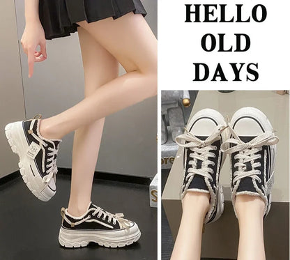 2025 Autumn New Women's Canvas Shoes Round Head Thick Soles Fringed Denim Casual Shoes Increased Height Sports