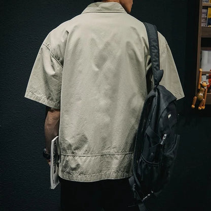 American Retro Men's  irt Summer Loose Workwear ort Sve T-irt Simple Sle Youth Trend ket Design Flat Iron