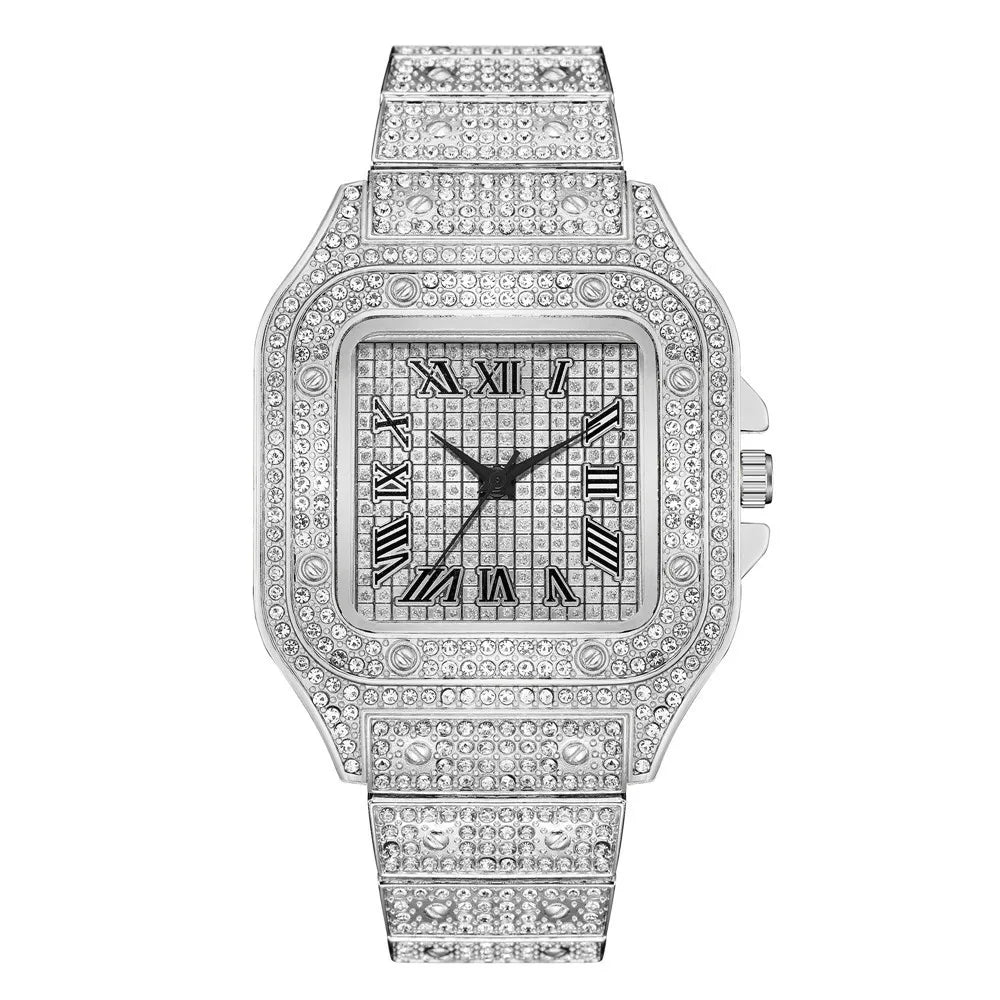 Classic Luxury Business Men's Steel Strap Square Roman Scale Rhinestone Quartz Watch Lesiure Male Wristwatch Relogio Masculino