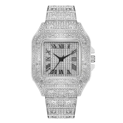 Classic Luxury Business Men's Steel Strap Square Roman Scale Rhinestone Quartz Watch Lesiure Male Wristwatch Relogio Masculino