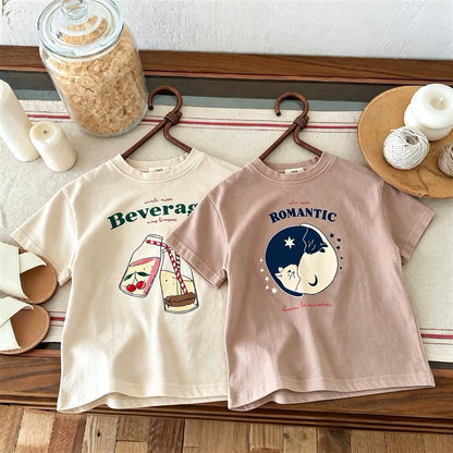 Summer Clothes Short Sleeve Tops Tees Printed Fashion Children's T-shirts Loose Casual Girls Boys Crewneck Casual T Shirt 1-7age