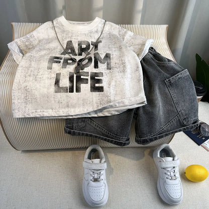 Hot Sale Fashion Baby Boy Suit Summer Clothes Short Sleeve T-shirt Short Jeans 2 Piece Set Kids Outfit 2-11Y Children's Costume