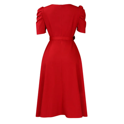 Elegant Party Dresses for Women V Neck Short Sleeve Belt Waisted Pleated Mid Calf Luxury Birthday Dinner Vestidos Mujer Dress OL