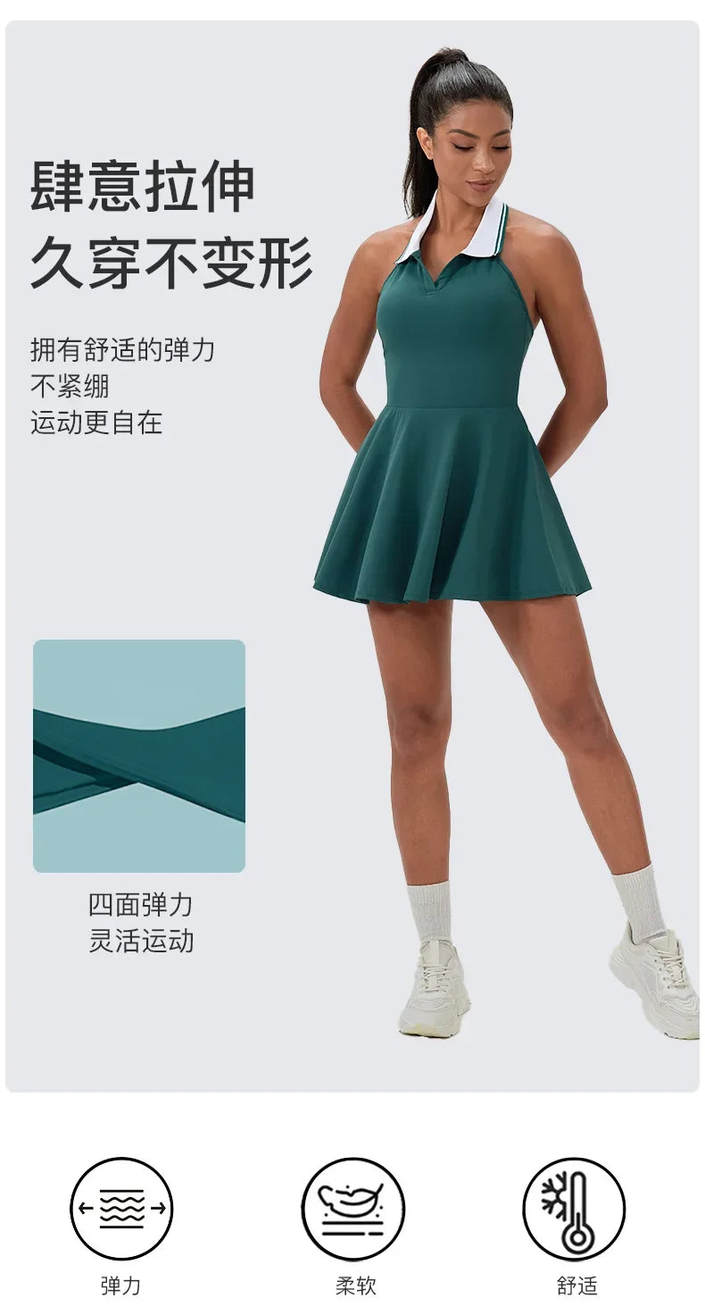 Summer Dress Vest Deep V Hanging Neck Sexy Dress for Women Contrasting Color Lapel Golf Skirt Outdoor Sports Gym Running