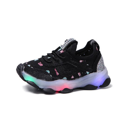 Kid Shoes Children's LED Shining Shoes 2023 Spring New Boys Sports Shoes Girls Elastic Fabric Sequins Casual Shoes Zapatillas