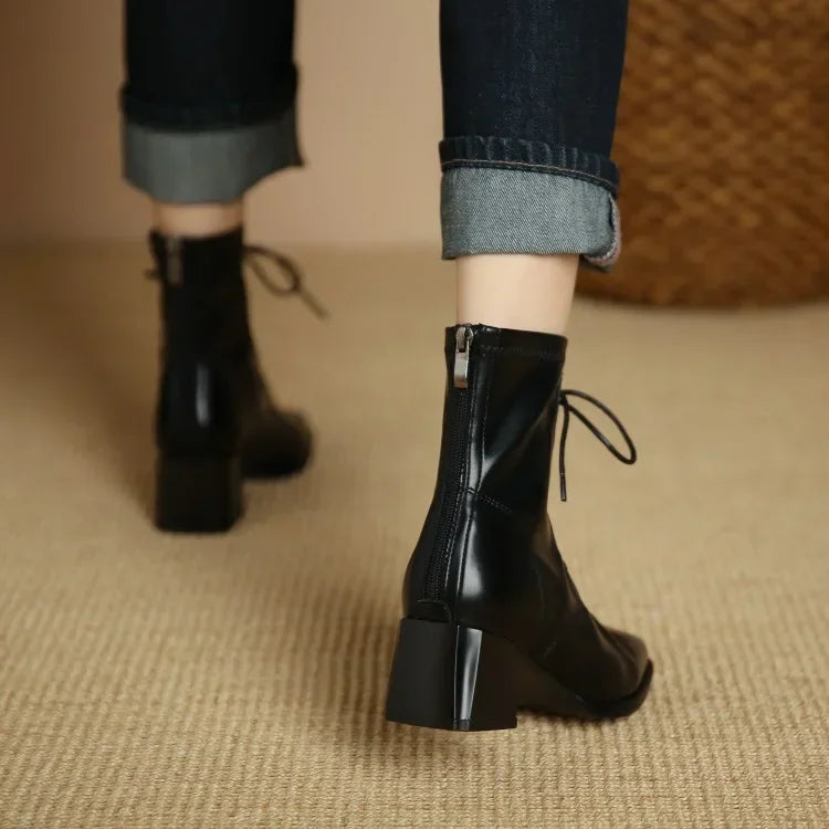 Winter High Heel Women's Ankle Boots  Fashion Lace Up Short Boots Women's Thick High Heel Side Zipper Botas De Mujer 2024