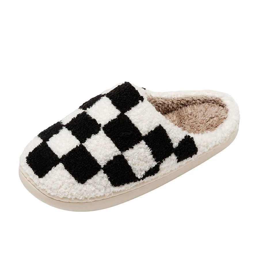 Slippers Classic Checkerboard Embroidered Pattern Women's Winter Indoor Soft Sole Warm Comfy Leisure Bedroom Fuzzy Home Shoes