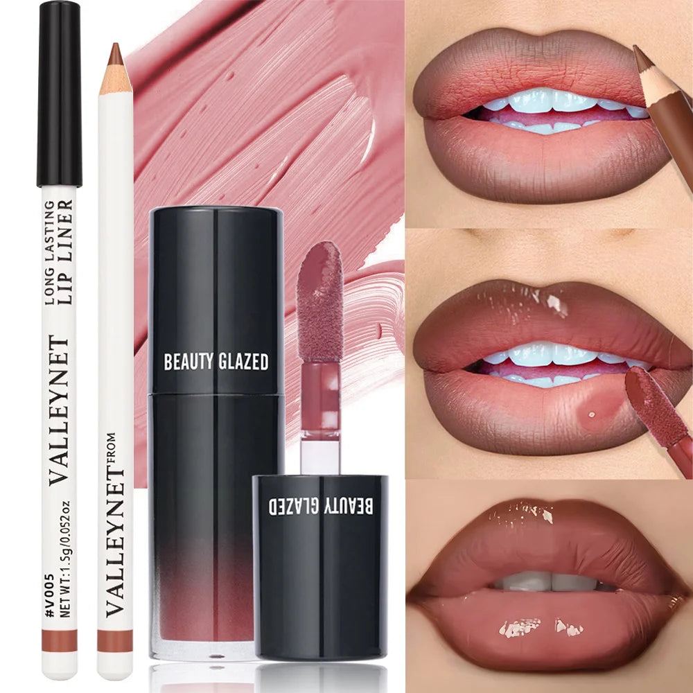 2Pcs/Set Matte Velvet Lip Liner Lip Gloss Set Lipliner + Lip Oil  Long lasting Waterproof Lip Combo Makeup tutorial Cosmetics
