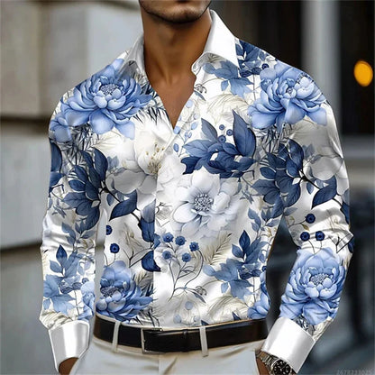 Men's shirt abstract liquid art 3D print shirt, spring and autumn lapel long-sleeved shirt, fashionable casual men's top
