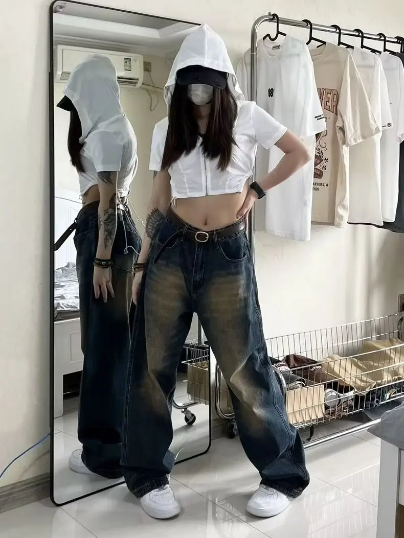 Women Jeans Distressed Full Length Wide Leg Denim Pants Spliced Zipper Fly Vintage Jean Pockets High Street Loose Fit Washed